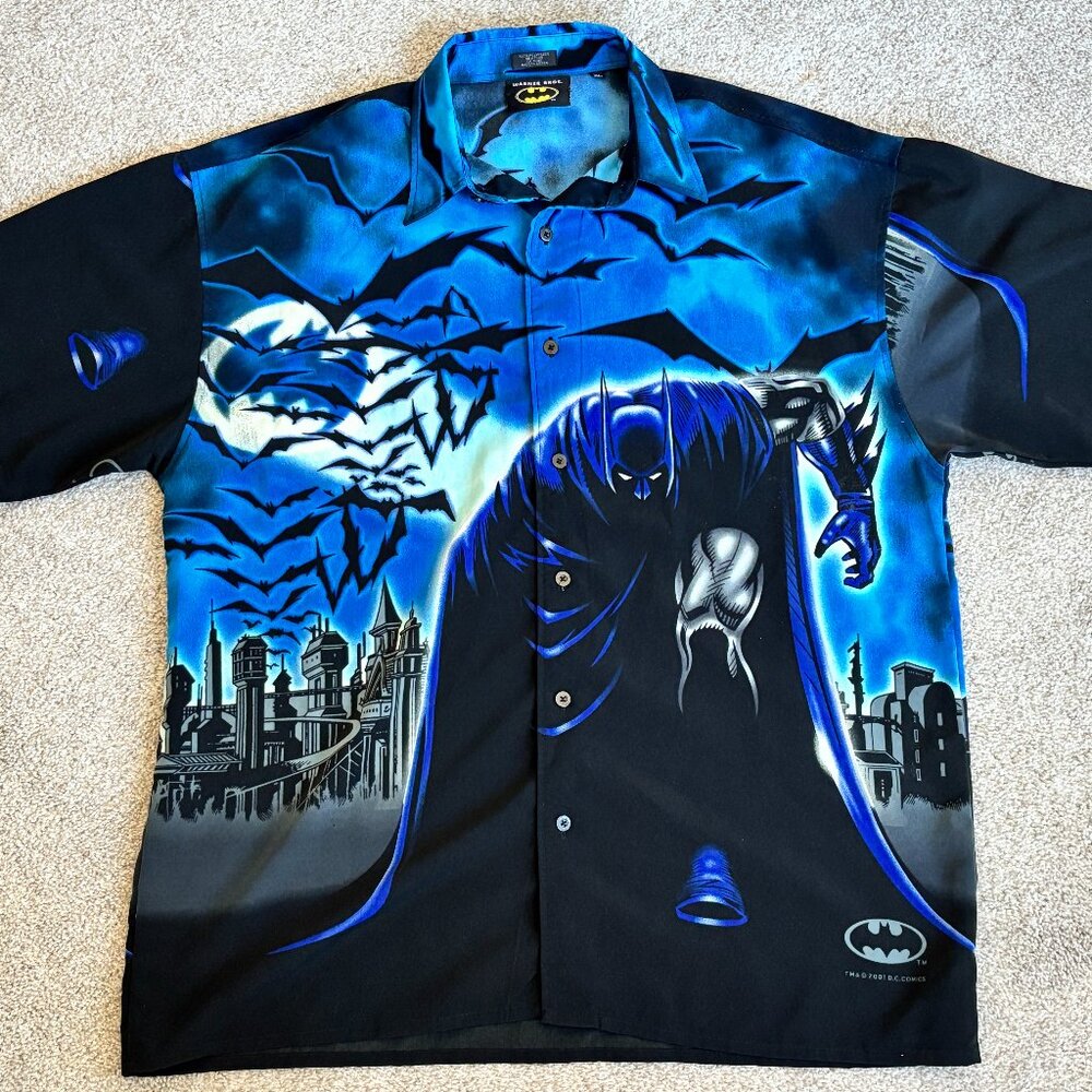 Vintage Batman Button Up Shirt Mens XL Blue All Over Print DC Warner Bros 2001